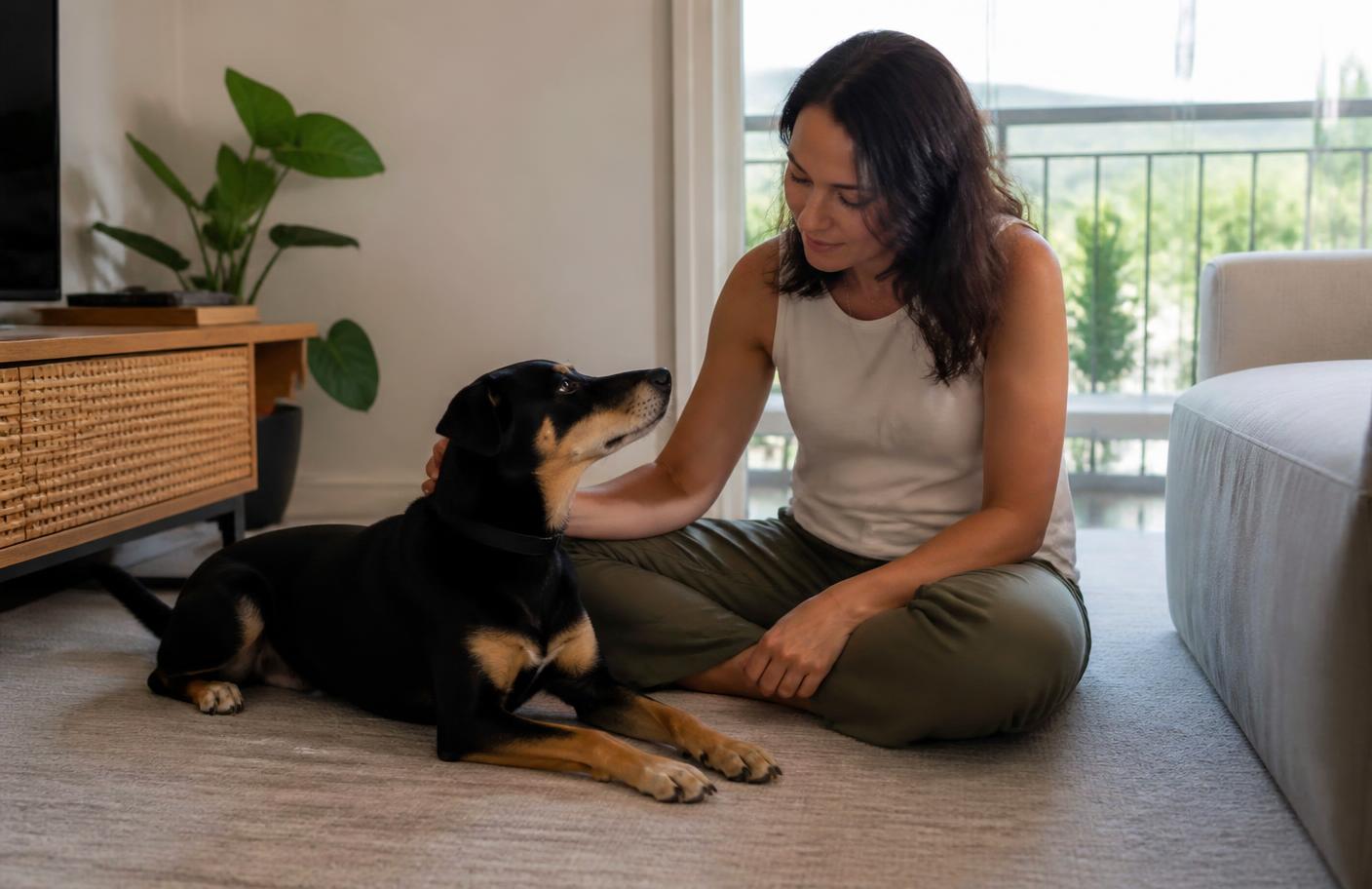 Tutora em um momento tranquilo com seu cachorro em casa
